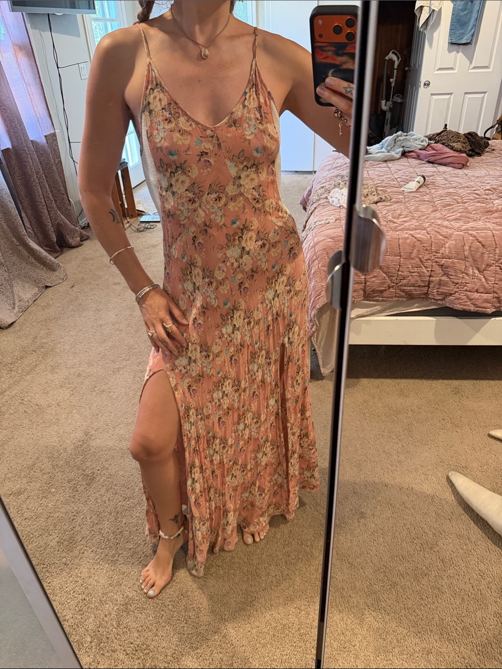 Somedays Lovin Dusty Pink Floral Slip Maxi Dress double slits low back